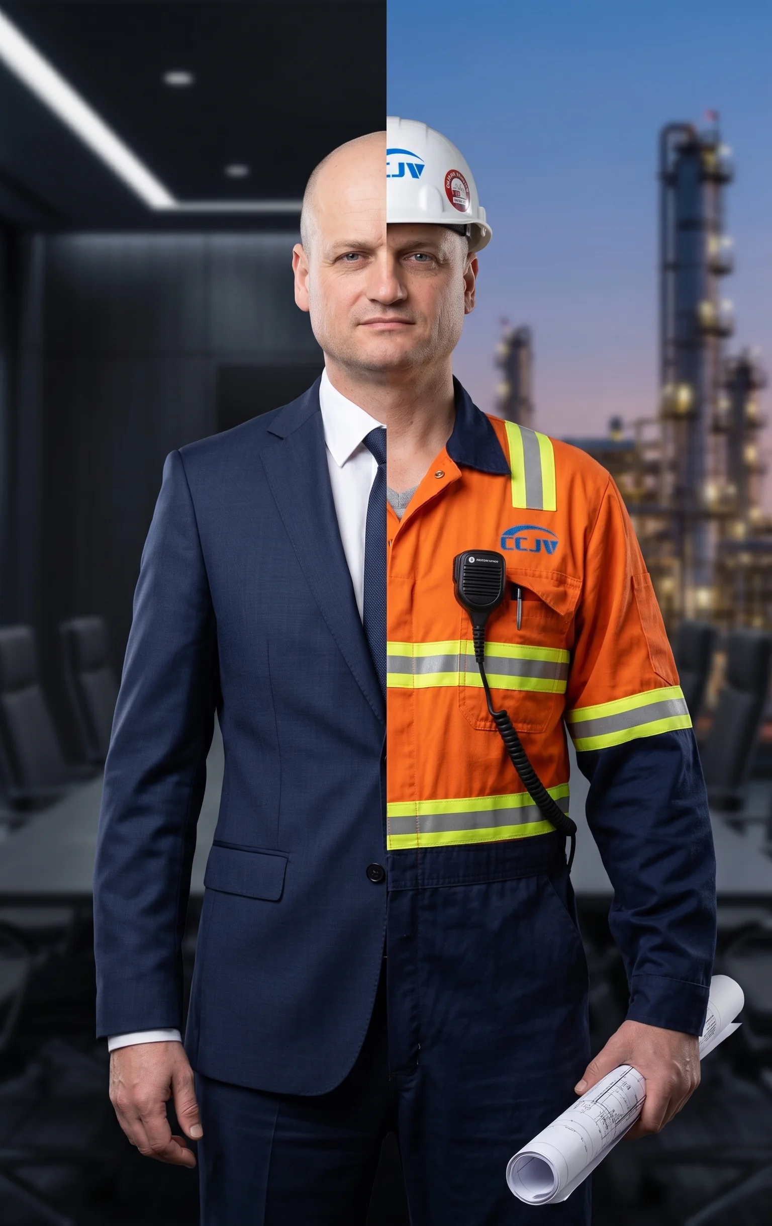 Sergiu Cretu - founder, half in business suit and half in field coveralls with PPE